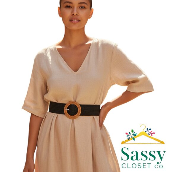 Modern Black Woven Belt Brown Circular Buckle Boho Raffia Inspired 36.5" NWOT - Picture 1 of 4